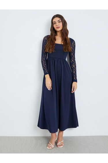 Navy Blue Lace Sleeves A-Line Maxi Dress