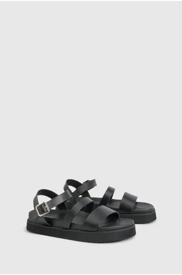 Wide Fit Double Strap Platform Sliders - black