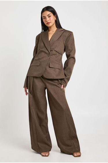 Pleat Front Wide Leg Trousers - dark brown