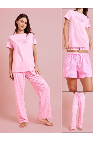 Pack of 3 - Pink Graphic Print T-Shirt, Shorts and Pyjama Set