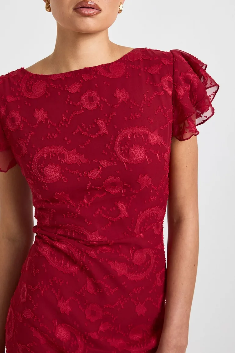 Floral Burnout Ruffle Hem Maxi Dress - merlot - 2