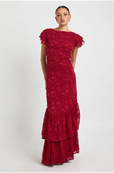 Floral Burnout Ruffle Hem Maxi Dress - merlot