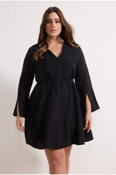 Black Lace-Up V-Neck Mini Woven Plus Size Dress