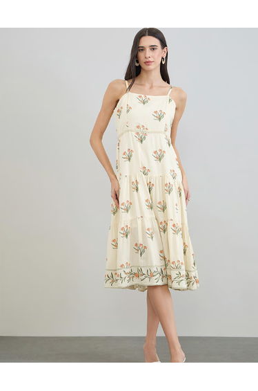 Cream Floral Strappy Tiered Midi Dress