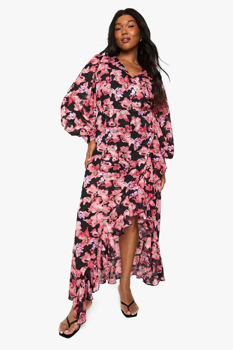 boohoo floral ruffle maxi dress boohoo Women's Plus Floral V Neck Chiffon Ruffle Maxi Dress in Yellow | Size: 12