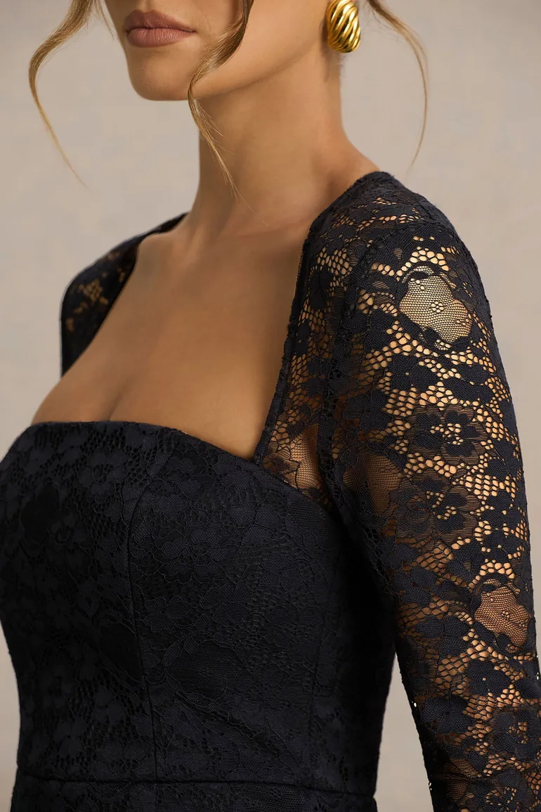 Alissa | Black Lace Square-Neck Midi Dress - 2