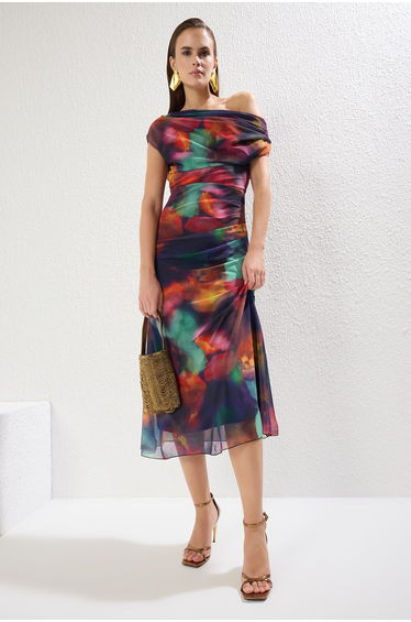 Multicolor Print Lined Tulle Knitted Stylish Dress