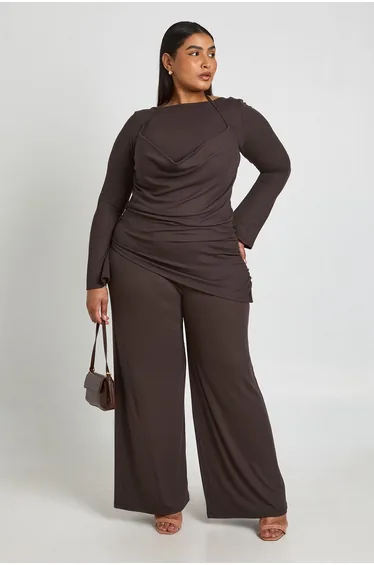 Plus Rib Double Layer Wide Leg Trouser - chocolate