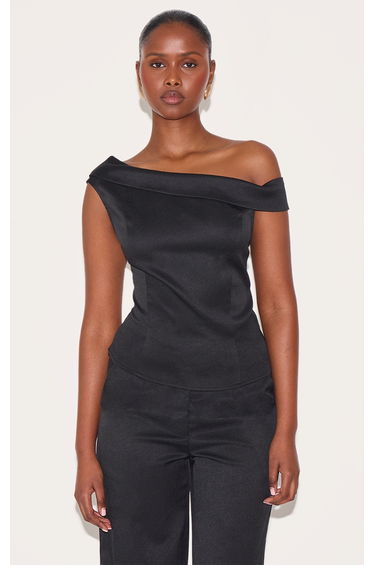 Black Asymmetric Fold Over Detail Top