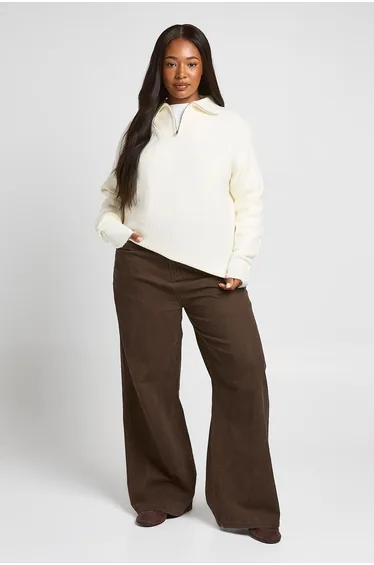 Plus Chunky Knit Oversized Zip Neck Jumper - cream