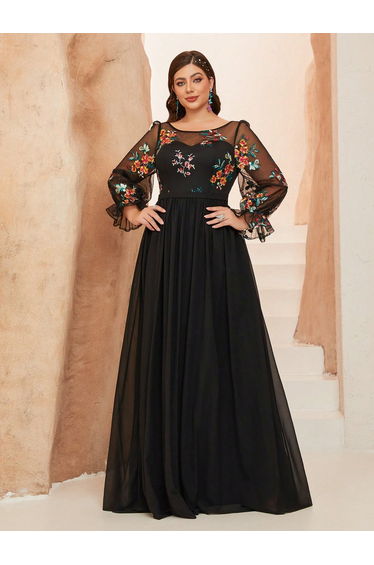 Leely Plus Women's Elegant Round Neck Bishop Sleeve Party Dresses