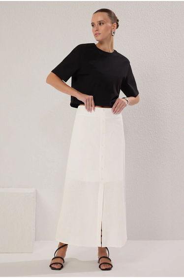 White Button Detail Slit Linen Look Lined Maxi Woven Skirt