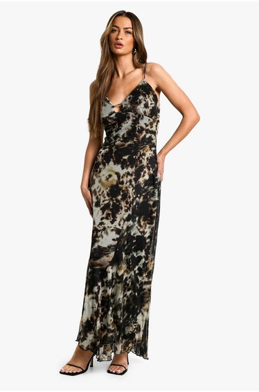 Smudge Print Strappy Mesh Maxi Dress - khaki