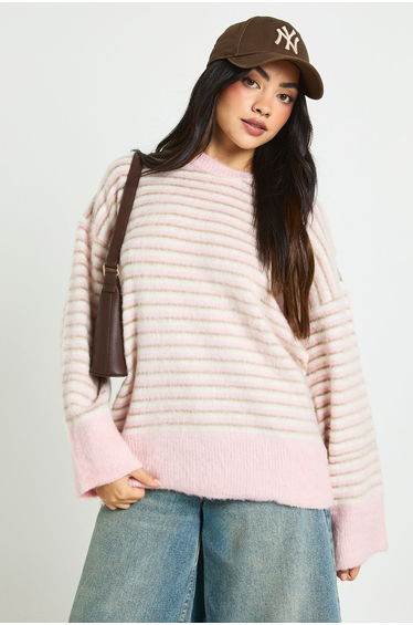 Super Soft Thin Stripe Oversized Knitted Jumper - pink