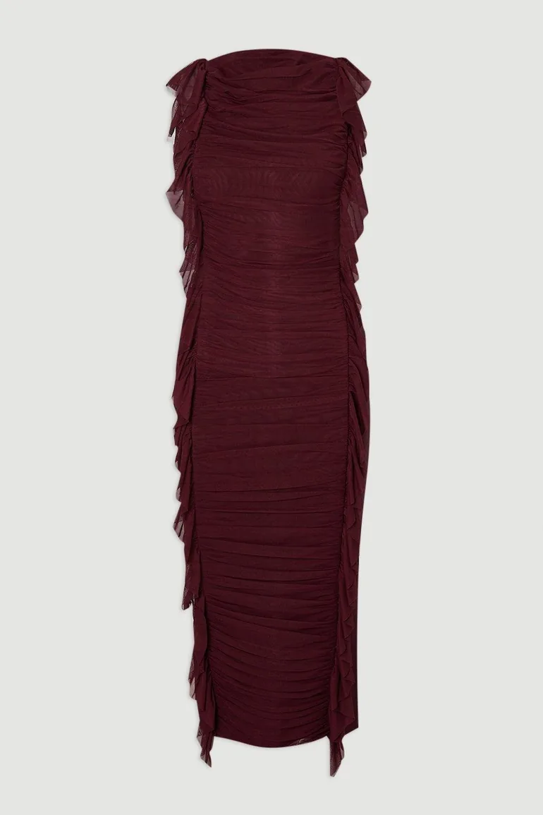 Bandage Mesh Gathered Ruffle Knitted Maxi Dress - 3
