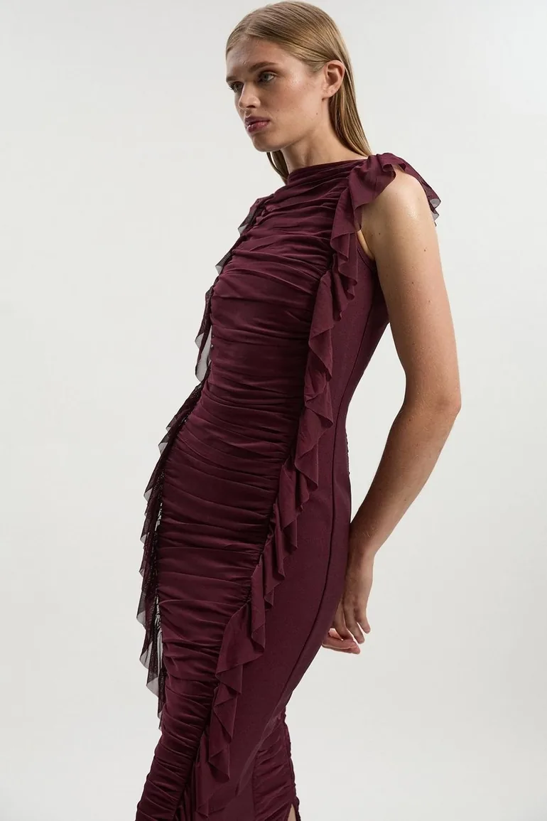 Bandage Mesh Gathered Ruffle Knitted Maxi Dress - 2