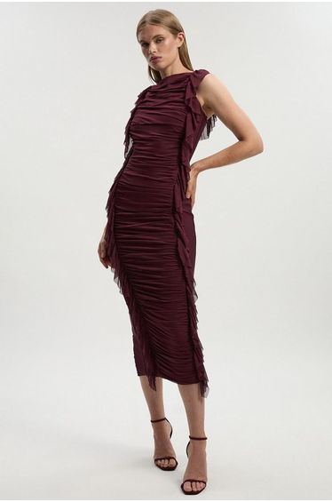 Bandage Mesh Gathered Ruffle Knitted Maxi Dress