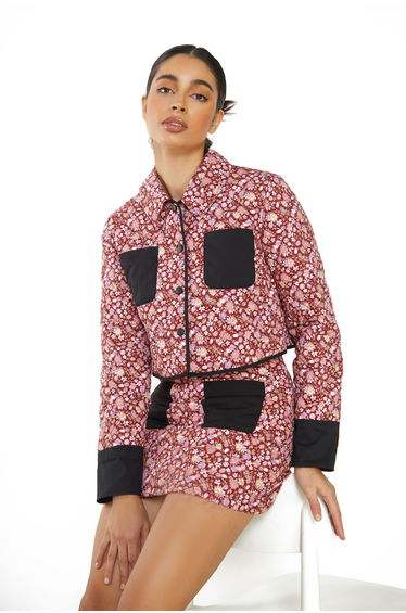 Glamorous Burgundy Chintz Black Button Front Padded Crop Jacket