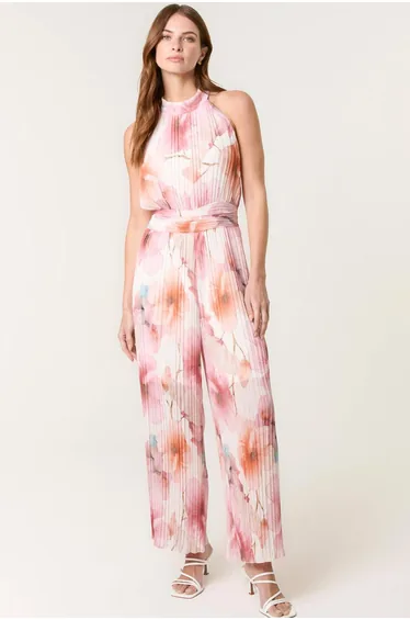 Pleated Halter Neck Watercolour Floral Printed Jumpsuit