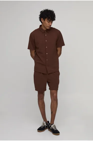Short Sleeve Jersey Herringbone Shirt And Short Set - chocolate