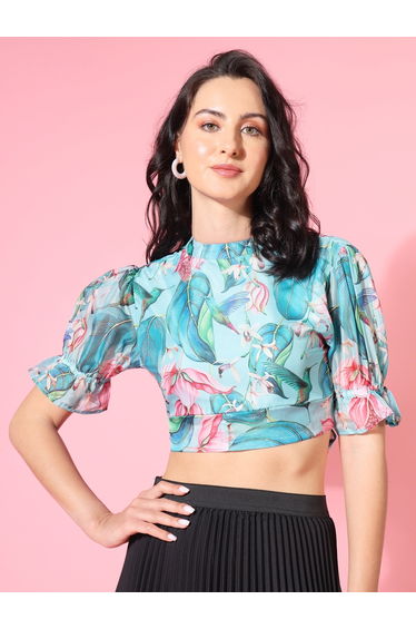 Women Blue Tie Back Crop Top
