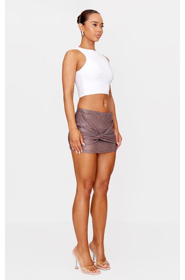 Brown Metallic Knit Knot Detail Mini Skirt