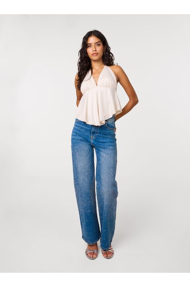 Washed Diamante Scatter Wide Leg Jeans