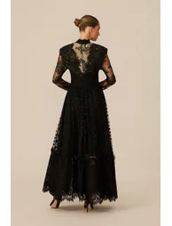 فستان ماكسي دانتيل بطبعة منقطة - أسود - 6