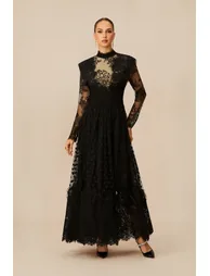 فستان ماكسي دانتيل بطبعة منقطة - أسود - 3