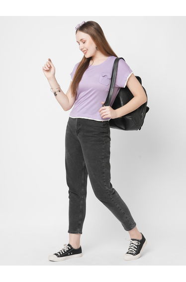 Women Purple Contrast Trim Short Sleeve T-Shirt with Flap Pocket