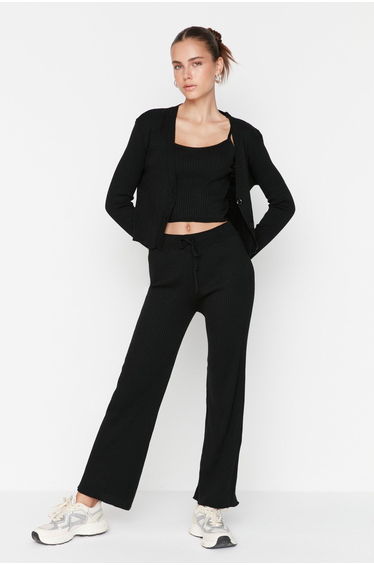Black Ribbed Blouse, Cardigan, Pants, Sweater Top-Top Suit