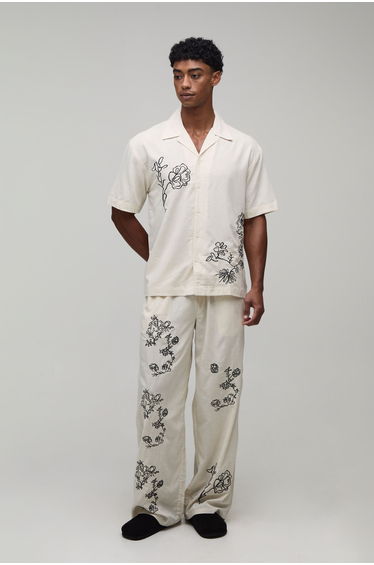 Baggy Fit Linen Blend Small Floral Embroidery Trousers - natural