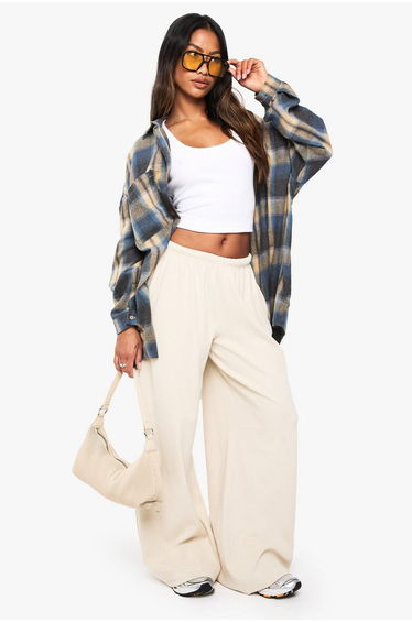 BOOHOO BASICS RIB STRAIGHT LEG TROUSER - stone