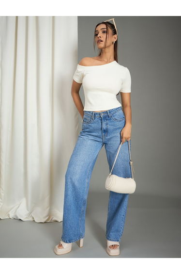 Women White Off-Shoulder Ribbed Top