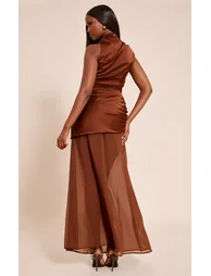 Chocolate Satin Contrast Ruched Detail Maxi Dress - 1