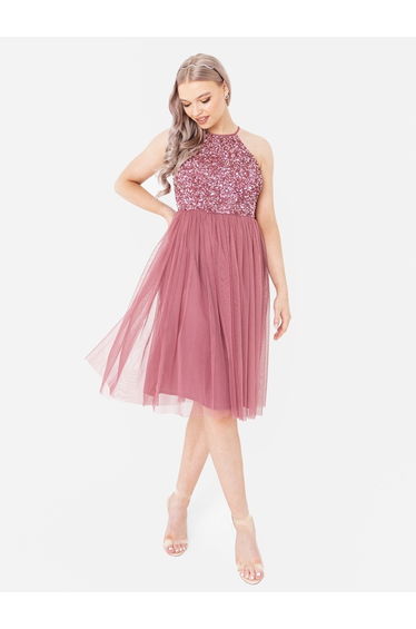 Maya Desert Rose Embellished Halter Neck Midi Dress