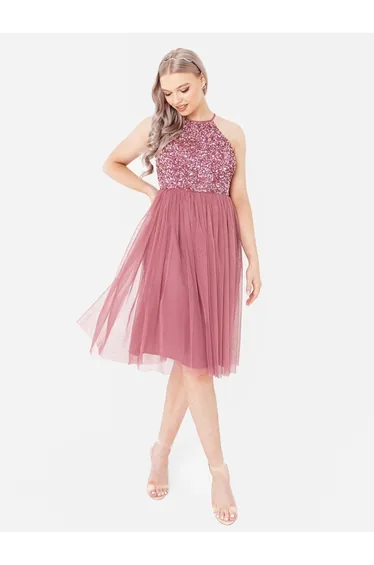 Maya Desert Rose Embellished Halter Neck Midi Dress