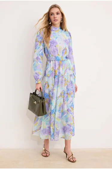 Purple Belted Lined Floral Woven Chiffon Hijab Dress