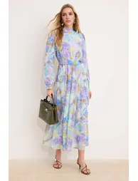 Purple Belted Lined Floral Woven Chiffon Hijab Dress