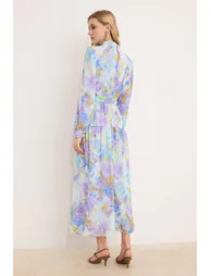 Purple Belted Lined Floral Woven Chiffon Hijab Dress - 3