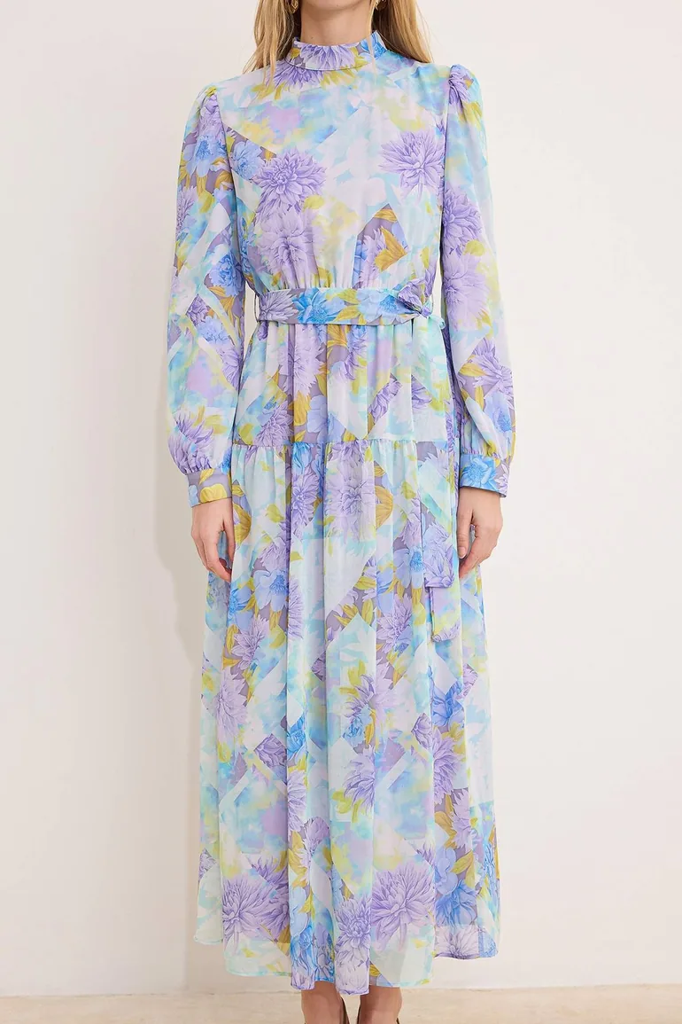 Purple Belted Lined Floral Woven Chiffon Hijab Dress - 2