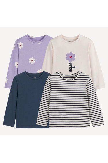 Pack of 4 T-Shirts with Crew Neck and Long Sleeves