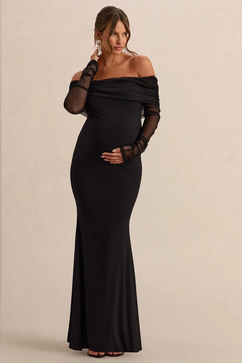 Pretty Perfect | Black Maternity Bardot-Neck Maxi Dress