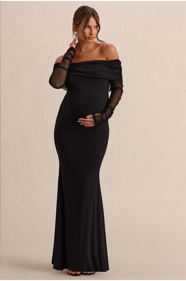 Pretty Perfect | Black Maternity Bardot-Neck Maxi Dress