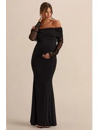 Pretty Perfect | Black Maternity Bardot-Neck Maxi Dress