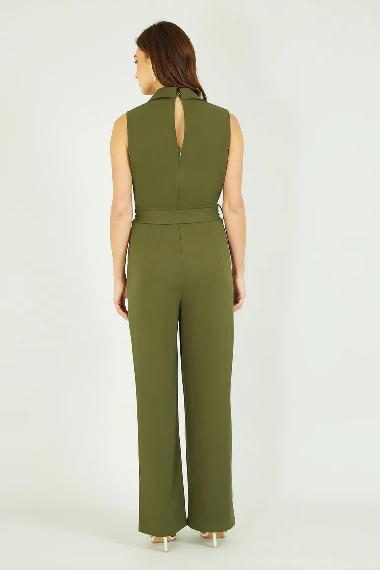 Mela Khaki Military Button Jumpsuit With Pockets - 3