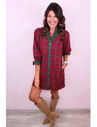 Lvness Red Plaid Ruffle Cuff Button Front Pocket Mini Dress - 5