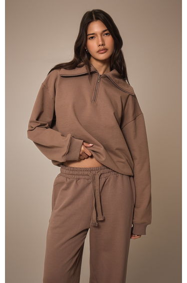 Mocha Premium Loopback Quarter Zip Foldover Sweatshirt