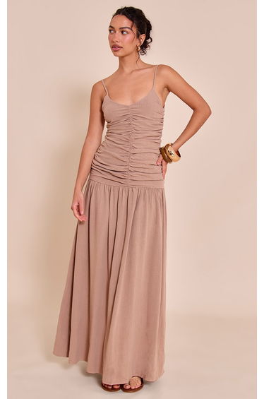 Taupe Textured Woven Ruched Detail Dropped Hem Maxi Dress