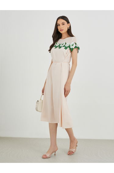 Floral Lace Insert Round Neck Midi Dress